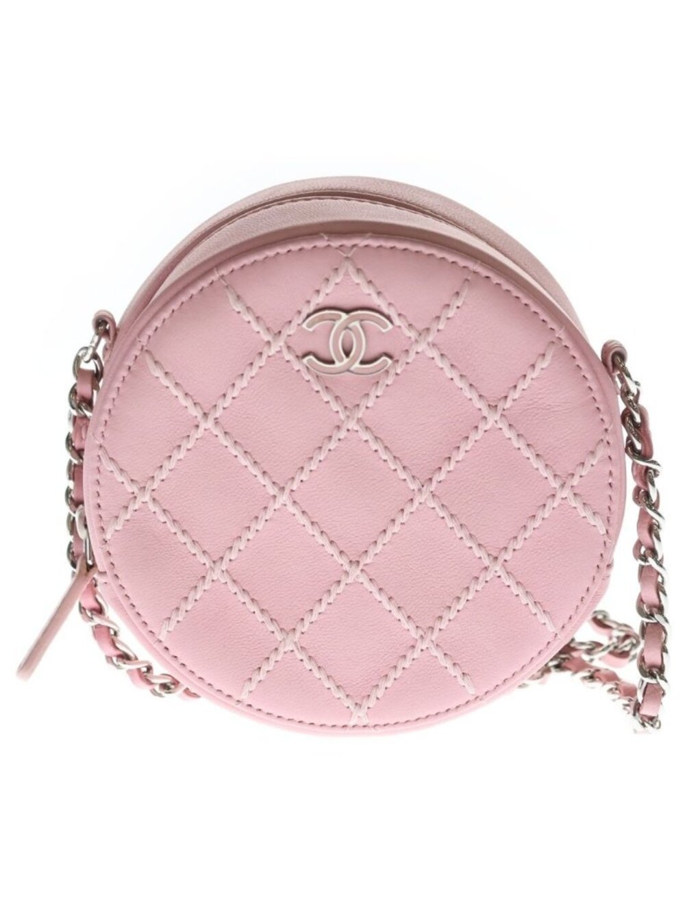 Chanel Quilted Mini Round Chain Shoulder Bag Ultra Stitch Silver Lambskin Pink